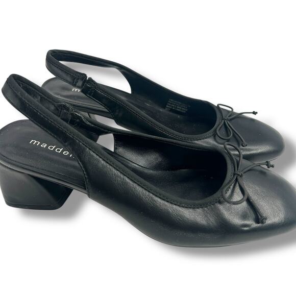 Madden Girl Black Slingback Ballet Pumps size 7 Block Heel Bow Emelias Heels - Picture 2 of 11